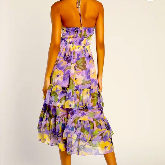 Lulus Vividly Vibing Purple Floral Tiered Cutout Halter Midi Dress - Picture 2 of 3
